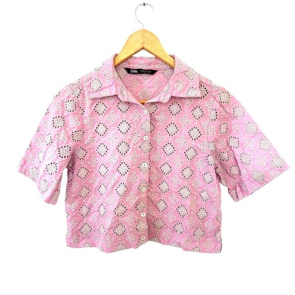 Zara Pink Eyelet Short Sleeve Button Down Shirt - Picture 1 of 8